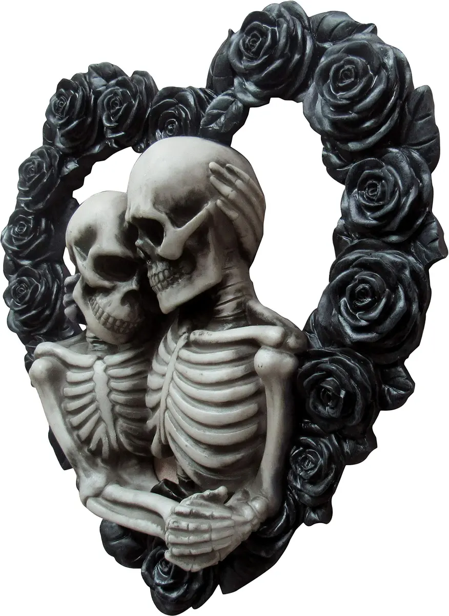 DWK Love Eternal Skeleton Couple Black Rose Wreath Wall Sculpture 34 cm (13.5" W x 12.5" H x 2.5" D) | Hand-Painted Resin Decor - view 3