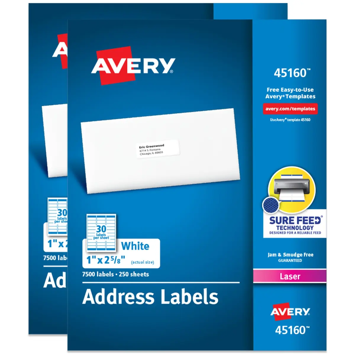 Avery Printable Address Labels with Sure Feed, 1" x 2-5/8" Customizable Stickers, White, 15,000 Labels Total (2-Pack) - main product image