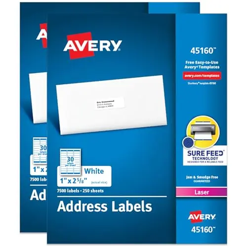 Avery Printable Address Labels with Sure Feed, 1" x 2-5/8" Customizable Stickers, White, 15,000 Labels Total (2-Pack) - main product image