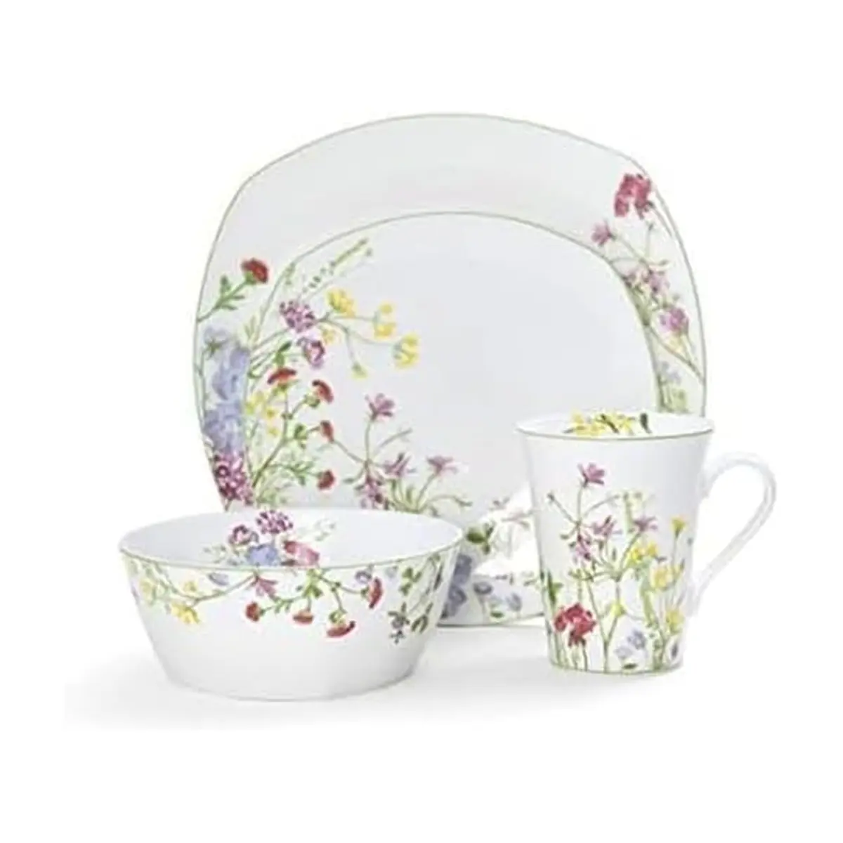 Mikasa Wildflower Garden Bone China Dinnerware Set, 16-Piece Service for 4, Square Plates and Bowls with Mugs | Floral Design - main product image