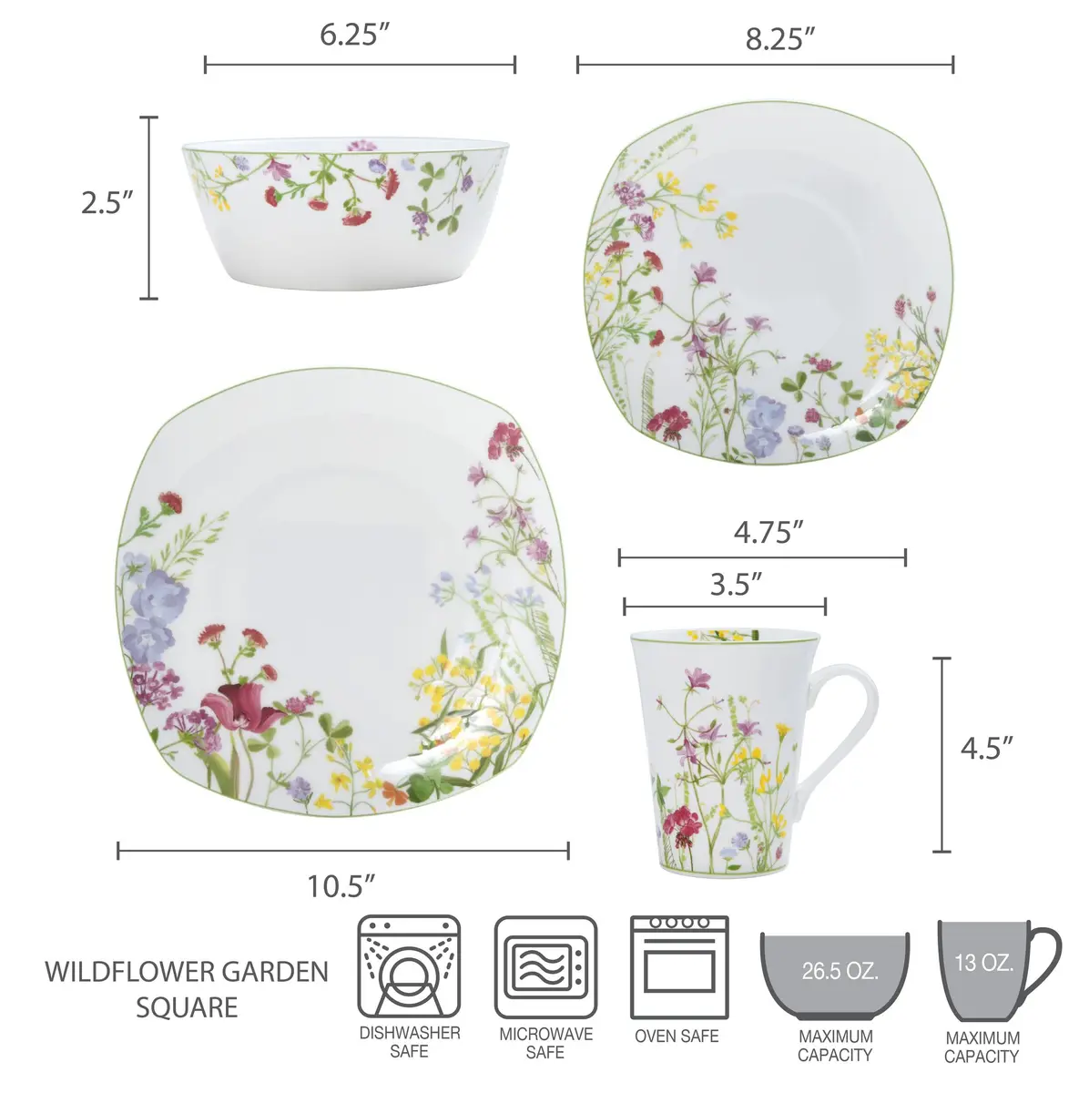 Mikasa Wildflower Garden Bone China Dinnerware Set, 16-Piece Service for 4, Square Plates and Bowls with Mugs | Floral Design - view 5