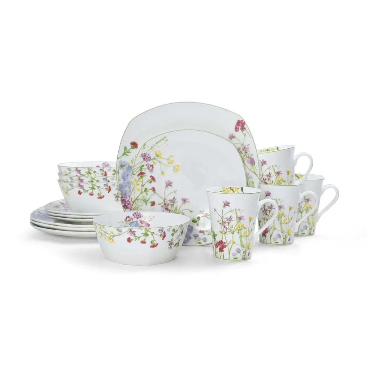 Mikasa Wildflower Garden Bone China Dinnerware Set, 16-Piece Service for 4, Square Plates and Bowls with Mugs | Floral Design - view 2