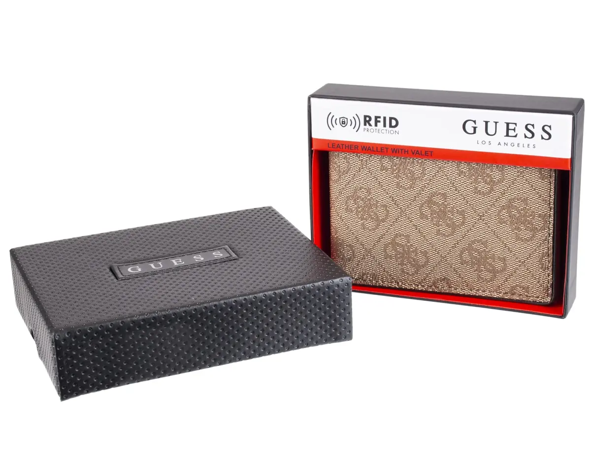 GUESS Men's Brown/Brown Logo Slim Bifold Leather Wallet | RFID Blocking, 6 Card Slots, ID Window - view 3