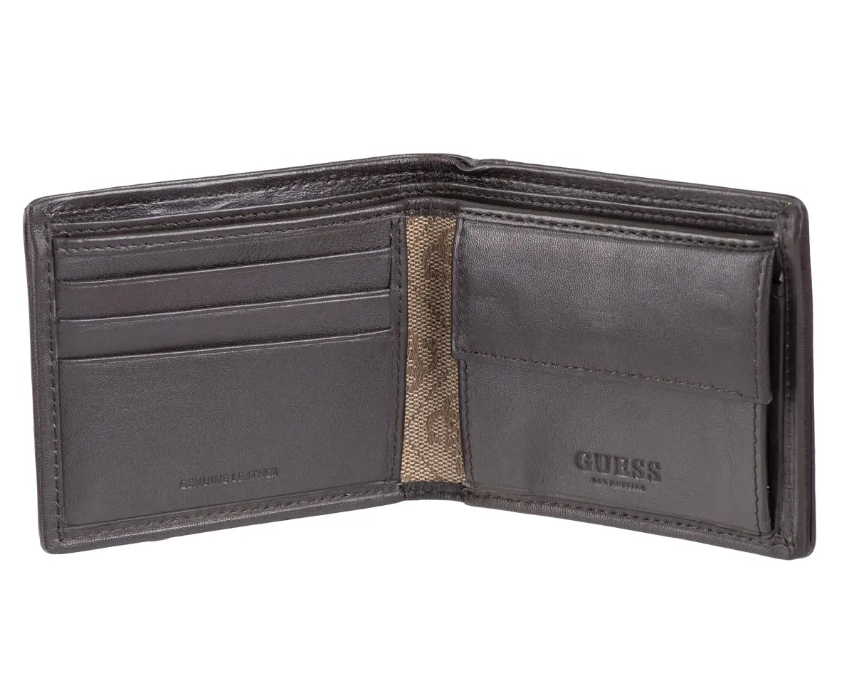 GUESS Men's Brown/Brown Logo Slim Bifold Leather Wallet | RFID Blocking, 6 Card Slots, ID Window - view 4