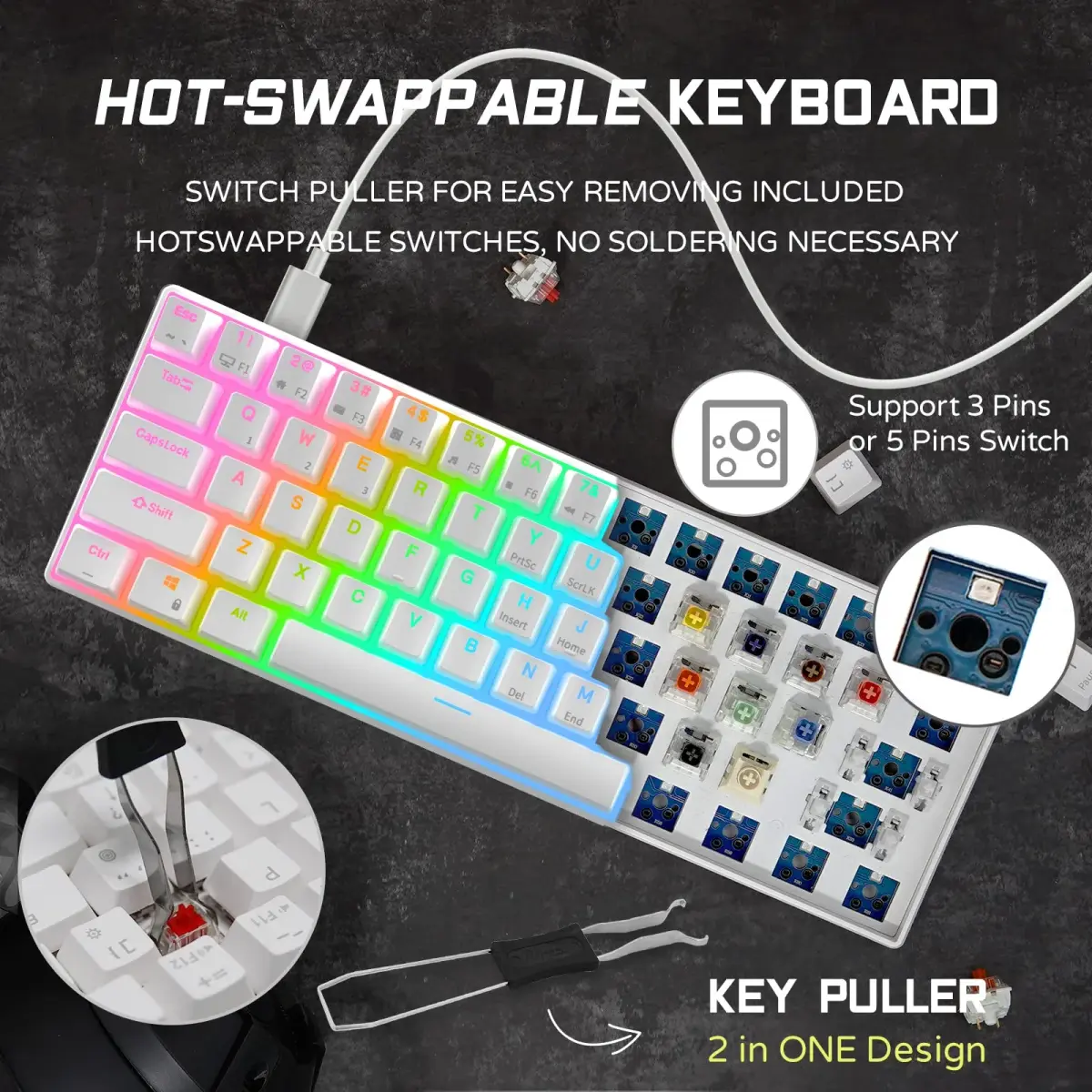 RK ROYAL KLUDGE RK61 Wired 60% Mechanical Gaming Keyboard with Brown Switches, RGB Backlit, Hot-Swappable, 61 Keys, White | Programmable QMK/VIA - view 3