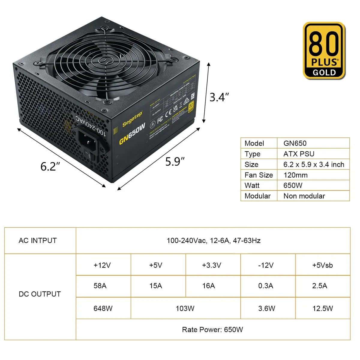Segotep 650W Power Supply 80 Plus Gold Certified | Non-Modular Gaming PSU with 4 PCIe Connectors (120mm Fan) - view 6
