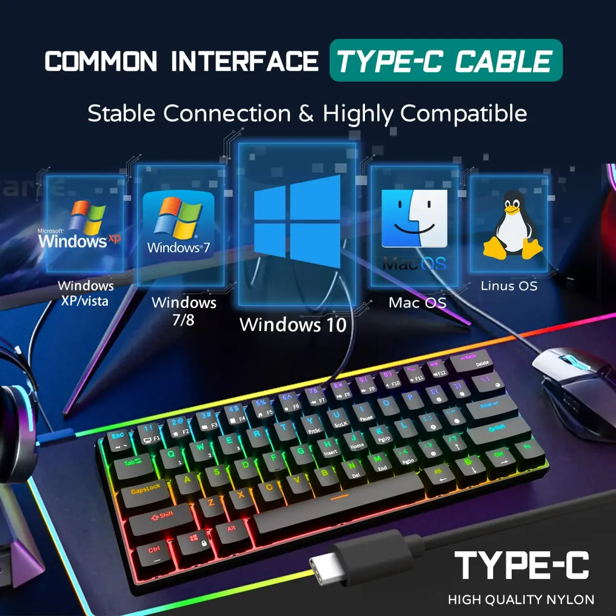 RK ROYAL KLUDGE RK61 Wired 60% Mechanical Gaming Keyboard with Hot-Swappable Blue Switches & RGB Backlighting | Programmable QMK/VIA - view 6