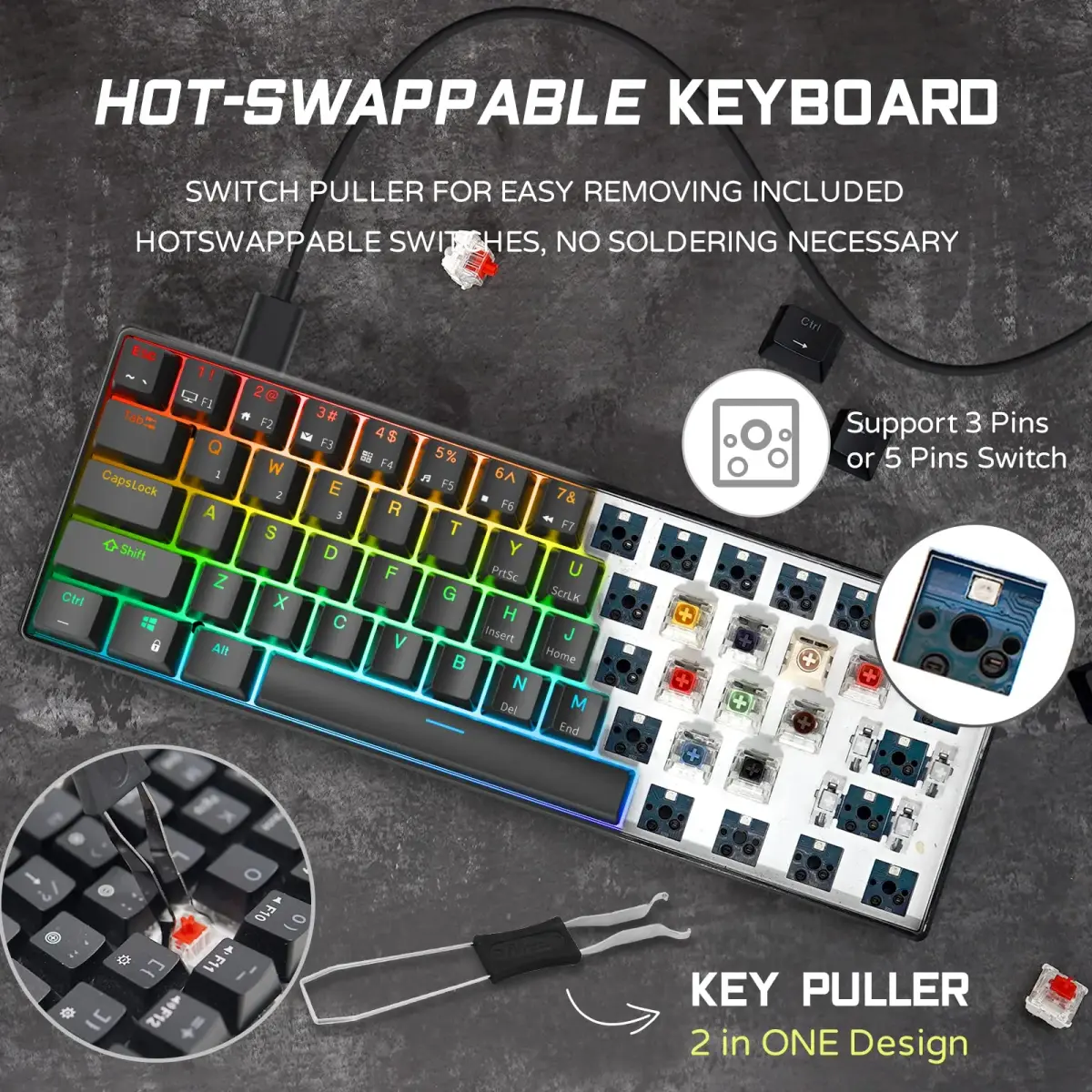 RK ROYAL KLUDGE RK61 Wired 60% Mechanical Gaming Keyboard with Hot-Swappable Blue Switches & RGB Backlighting | Programmable QMK/VIA - view 3