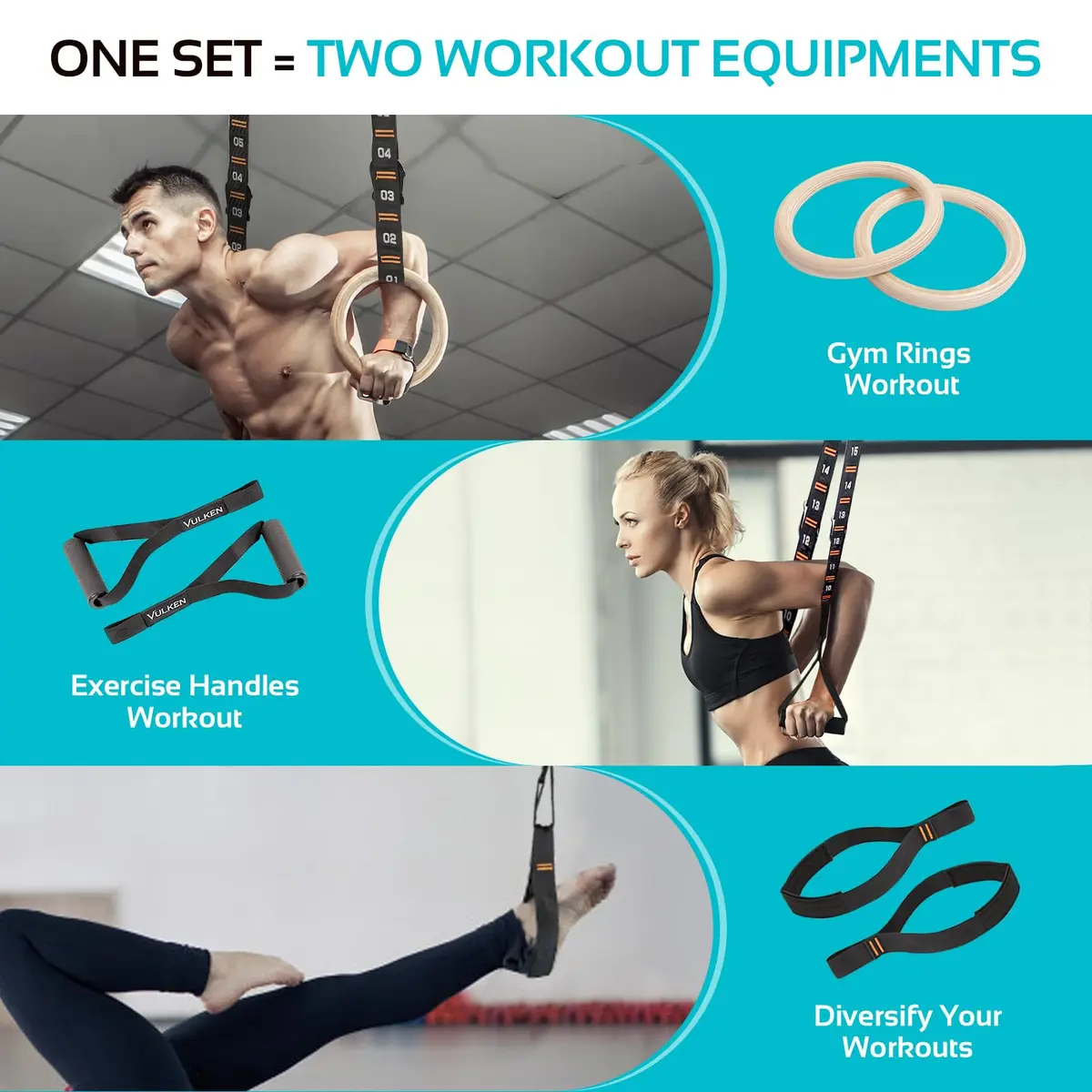 Vulken Wooden Gymnastic Rings with Adjustable Numbered Straps | 1.1'' Olympic Rings for Core & Bodyweight Training - view 4