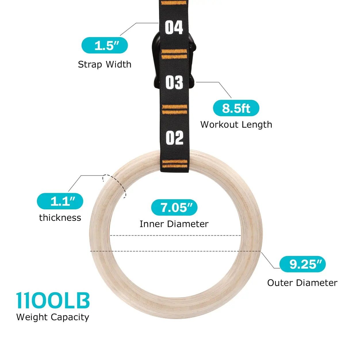 Vulken Wooden Gymnastic Rings with Adjustable Numbered Straps | 1.1'' Olympic Rings for Core & Bodyweight Training - view 2