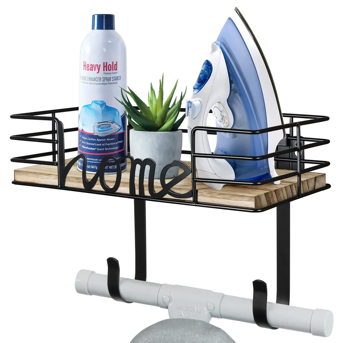 TJ.MOREE Ironing Board Hanger Wall Mount with Wooden Basket & Hooks | Space-Saving Laundry Organizer - main product image