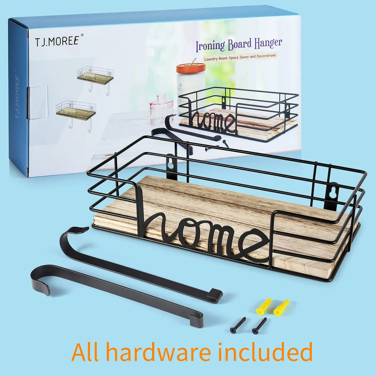 TJ.MOREE Ironing Board Hanger Wall Mount with Wooden Basket & Hooks | Space-Saving Laundry Organizer - view 7