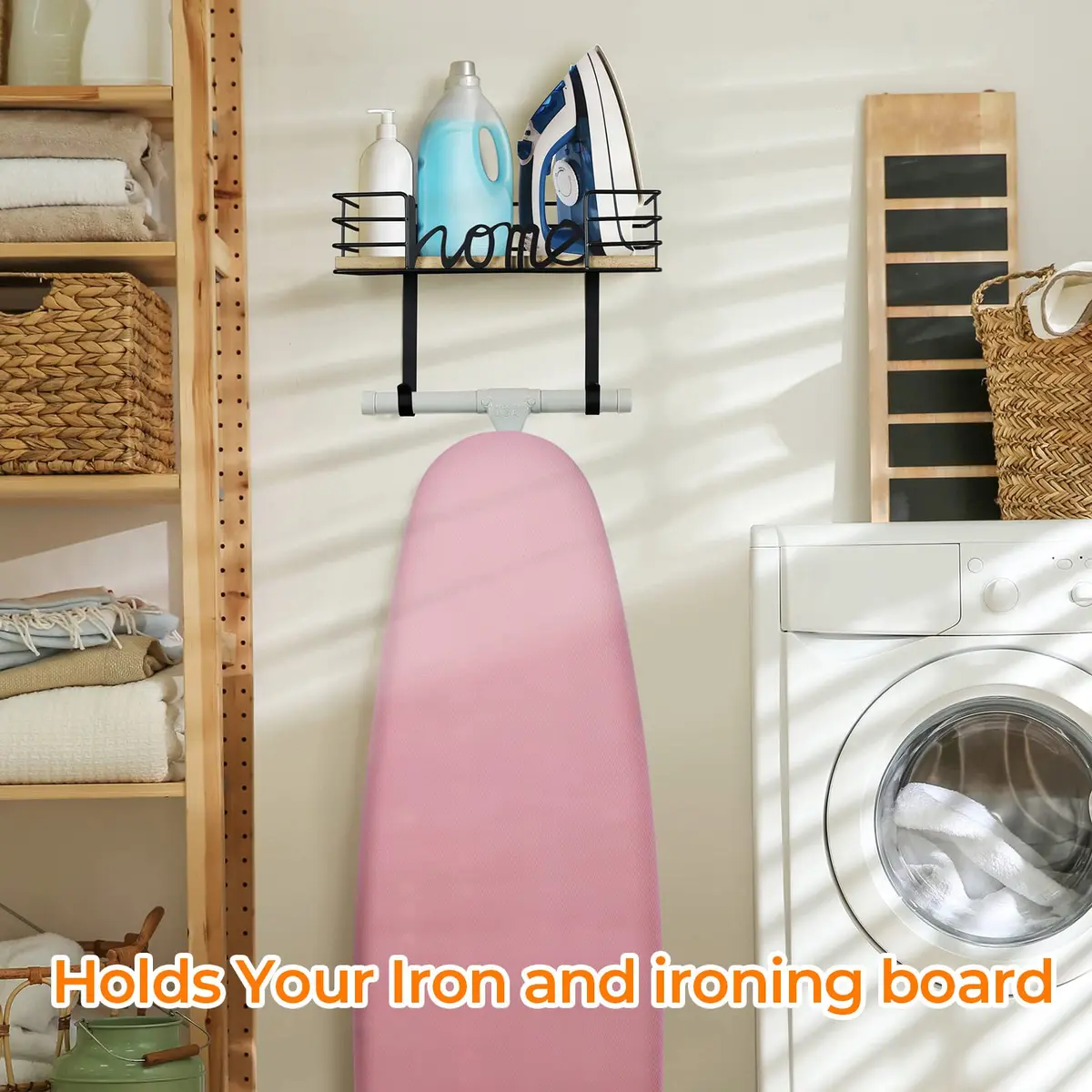 TJ.MOREE Ironing Board Hanger Wall Mount with Wooden Basket & Hooks | Space-Saving Laundry Organizer - view 2