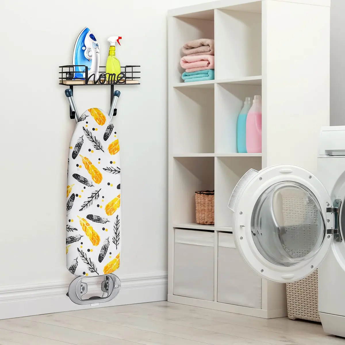 TJ.MOREE Ironing Board Hanger Wall Mount with Wooden Basket & Hooks | Space-Saving Laundry Organizer - view 3
