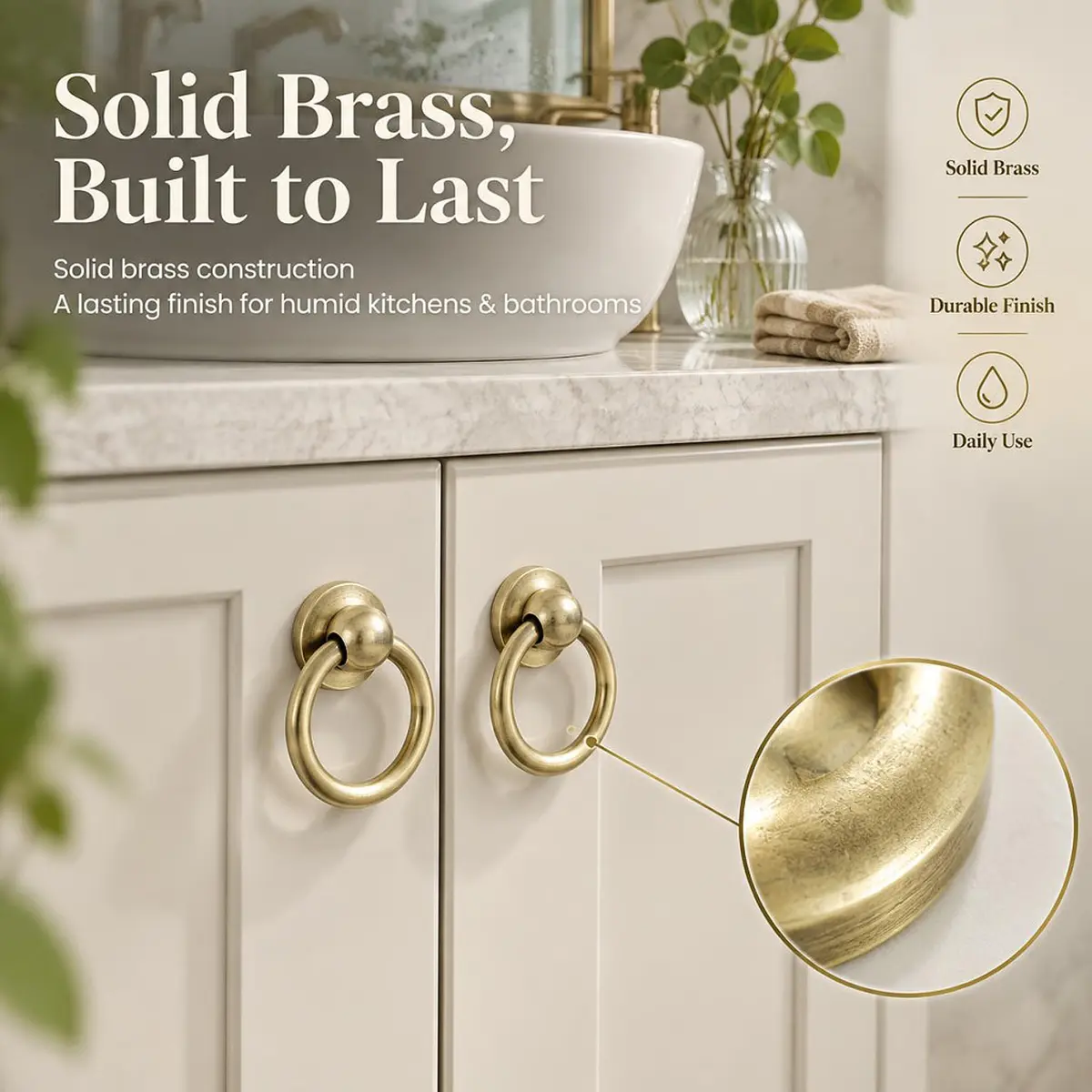 LC LICTOP Brass Drop Ring Pulls, 1.6 Inch Antique, 2Pcs | Vintage Brass Cabinet Handles with Ergonomic Ring - view 4