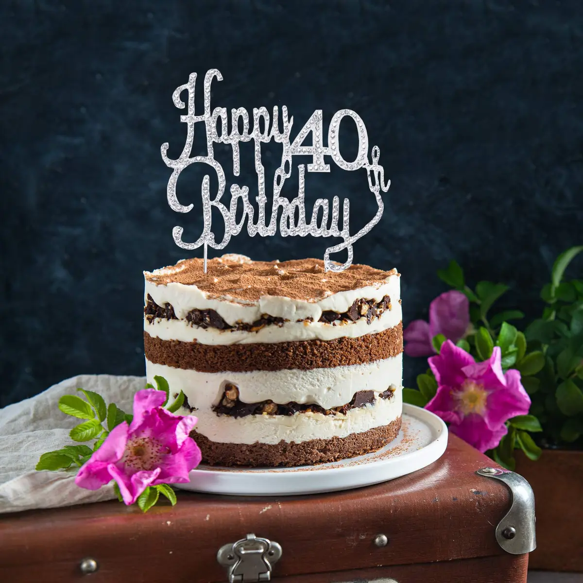 LINGTEER Happy 40th Birthday Silver Sparkly Rhinestone Cake Topper 21.6 cm (8.5") High | Cheers to Forty Years Old Bday Gift Keepsake Party Decoration - view 5