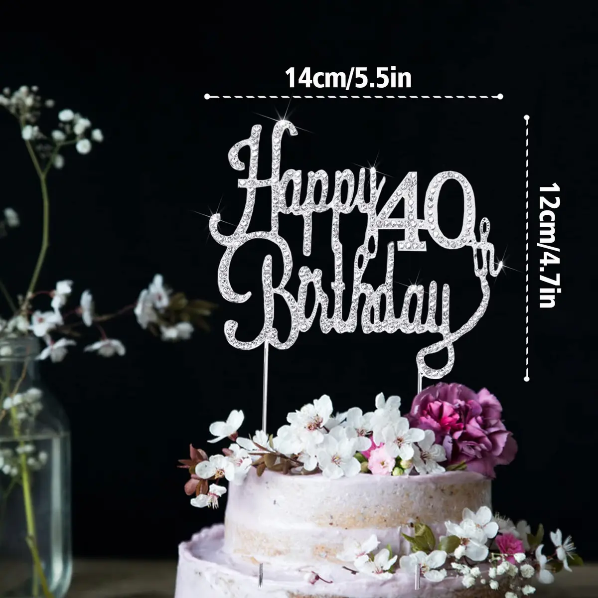LINGTEER Happy 40th Birthday Silver Sparkly Rhinestone Cake Topper 21.6 cm (8.5") High | Cheers to Forty Years Old Bday Gift Keepsake Party Decoration - view 2