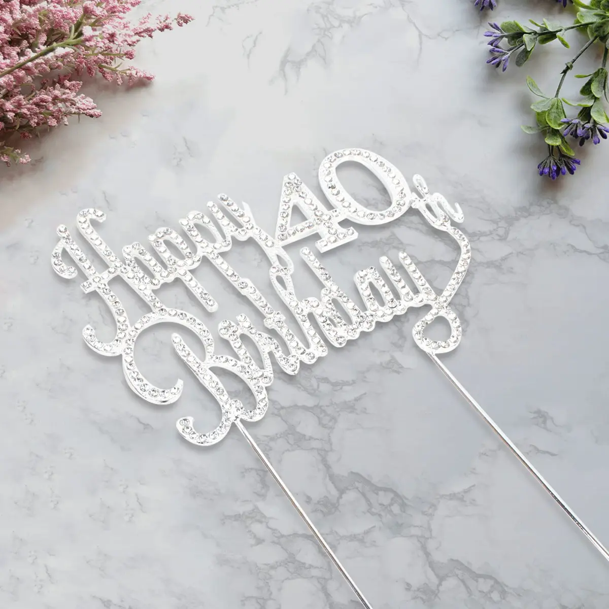 LINGTEER Happy 40th Birthday Silver Sparkly Rhinestone Cake Topper 21.6 cm (8.5") High | Cheers to Forty Years Old Bday Gift Keepsake Party Decoration - view 3