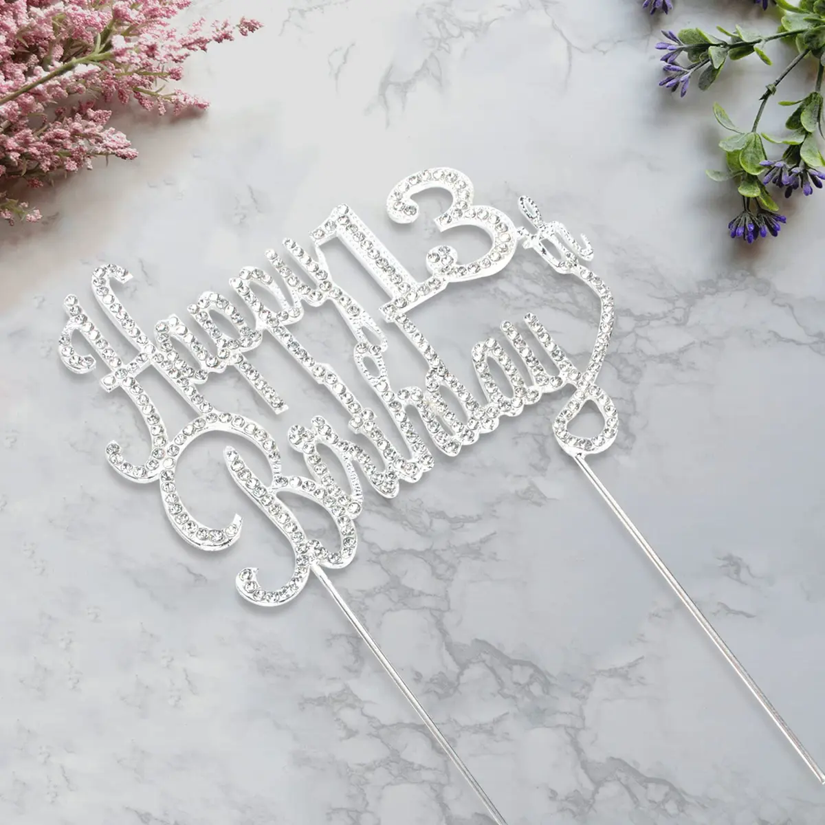 LINGTEER Happy 13th Birthday Silver Sparkly Rhinestone Cake Topper | Cheers to Thirteen Years Old - view 3