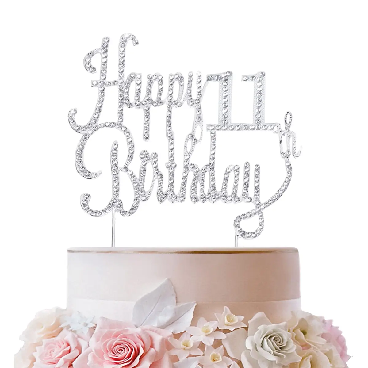 LINGTEER Happy 11th Birthday Silver Sparkly Rhinestone Cake Topper | Cheers to Eleven Years Old - main product image