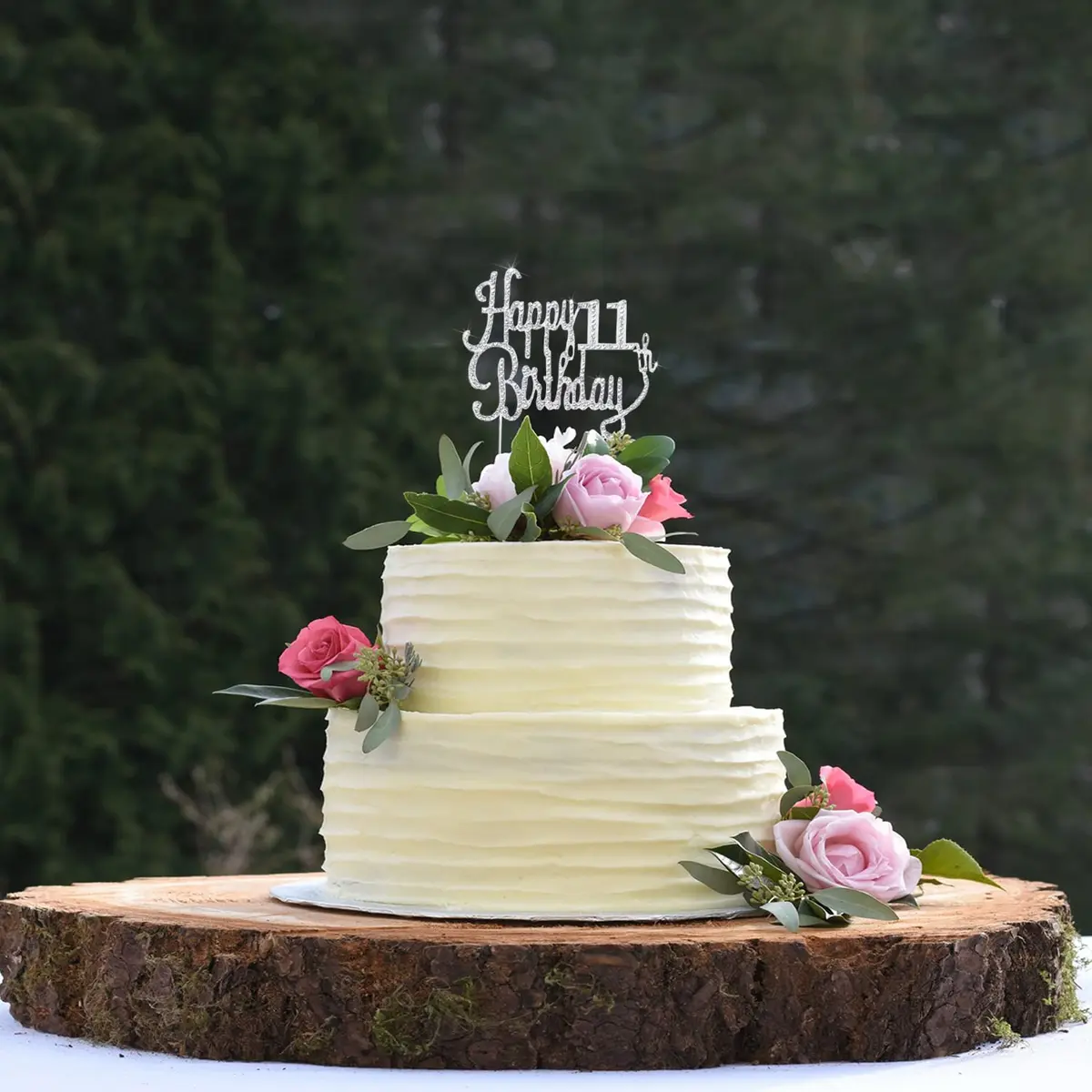 LINGTEER Happy 11th Birthday Silver Sparkly Rhinestone Cake Topper | Cheers to Eleven Years Old - view 7