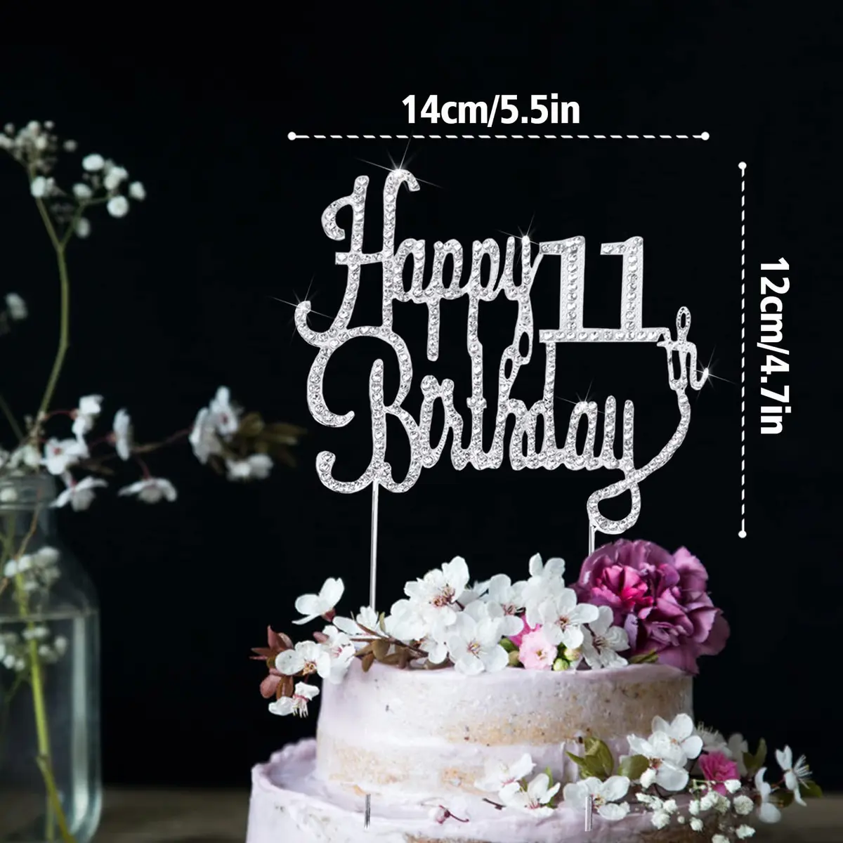 LINGTEER Happy 11th Birthday Silver Sparkly Rhinestone Cake Topper | Cheers to Eleven Years Old - view 2