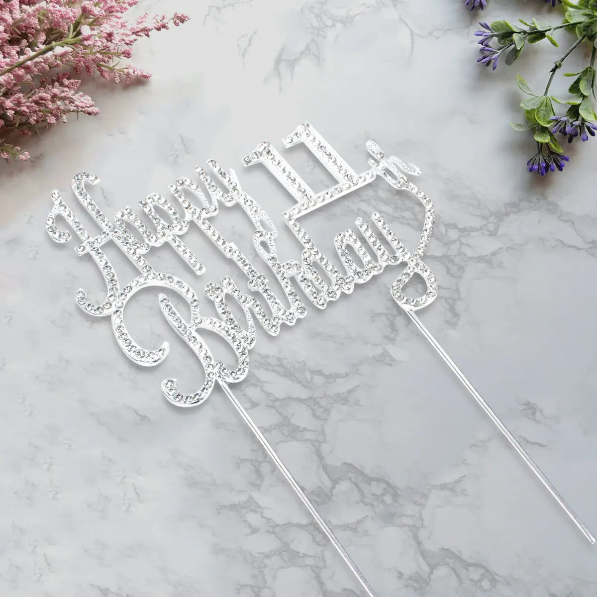 LINGTEER Happy 11th Birthday Silver Sparkly Rhinestone Cake Topper | Cheers to Eleven Years Old - view 3