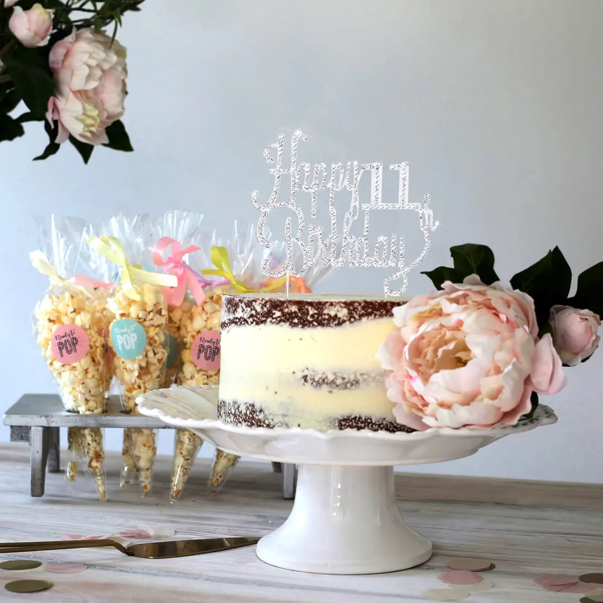 LINGTEER Happy 11th Birthday Silver Sparkly Rhinestone Cake Topper | Cheers to Eleven Years Old - view 4