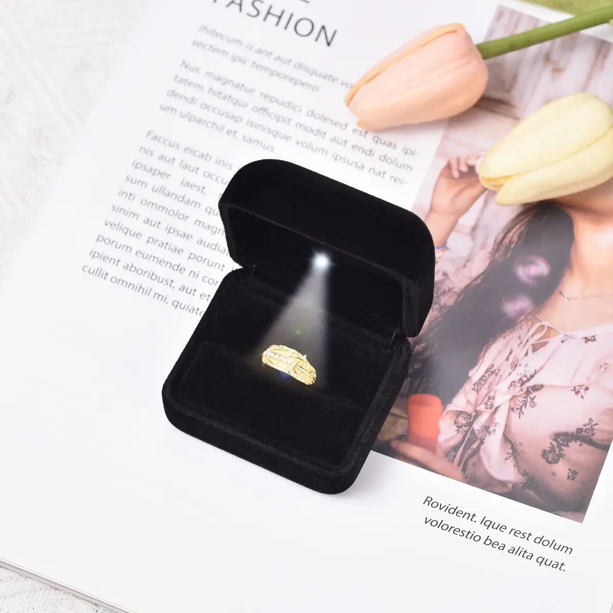 Omeet LED Velvet Ring Box for Proposal, Engagement, Wedding, Slim - Black | Compact Jewelry Storage Case with Built-in Light - view 2