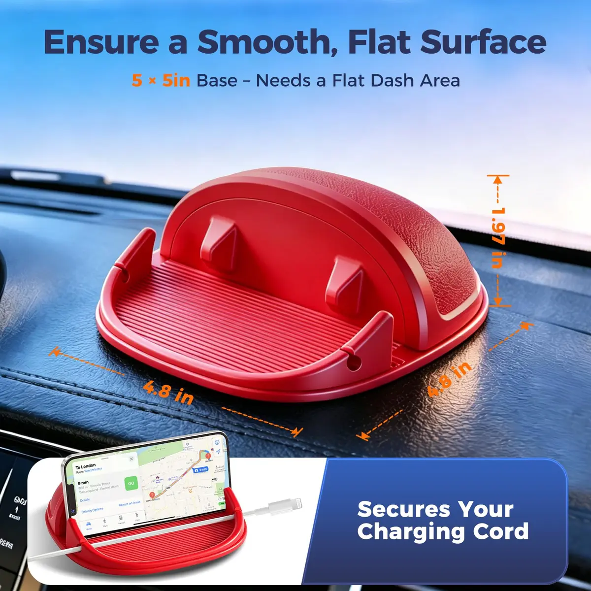 Loncaster Red Silicone Car Phone Holder Mat 12.7cm (5 inch) | Grips Phones Securely on Dashboard - view 8