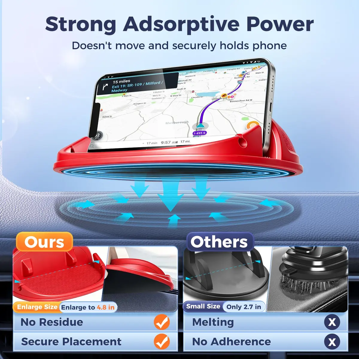 Loncaster Red Silicone Car Phone Holder Mat 12.7cm (5 inch) | Grips Phones Securely on Dashboard - view 2
