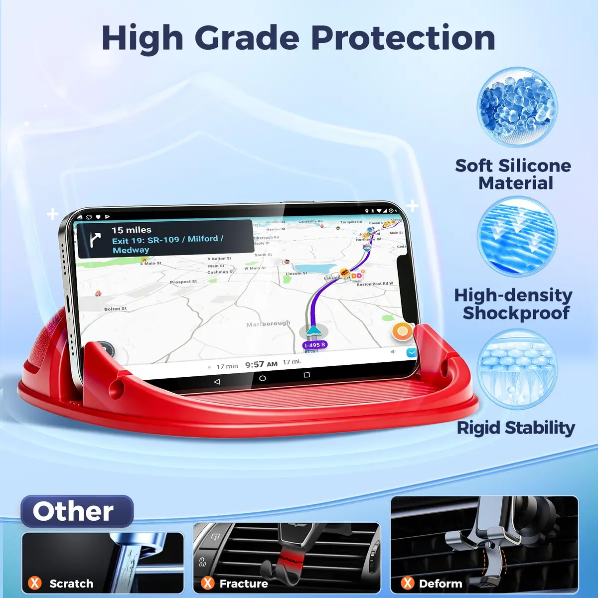 Loncaster Red Silicone Car Phone Holder Mat 12.7cm (5 inch) | Grips Phones Securely on Dashboard - view 3