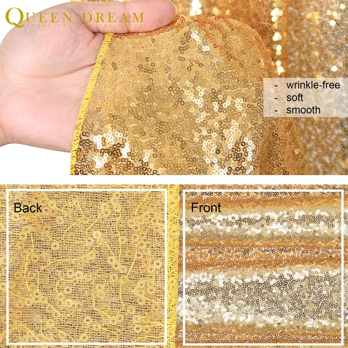 QueenDream Gold Sequin Backdrop Drapes 4 Panels 2FTx8FT | Wedding & Party Stage Decor - view 5