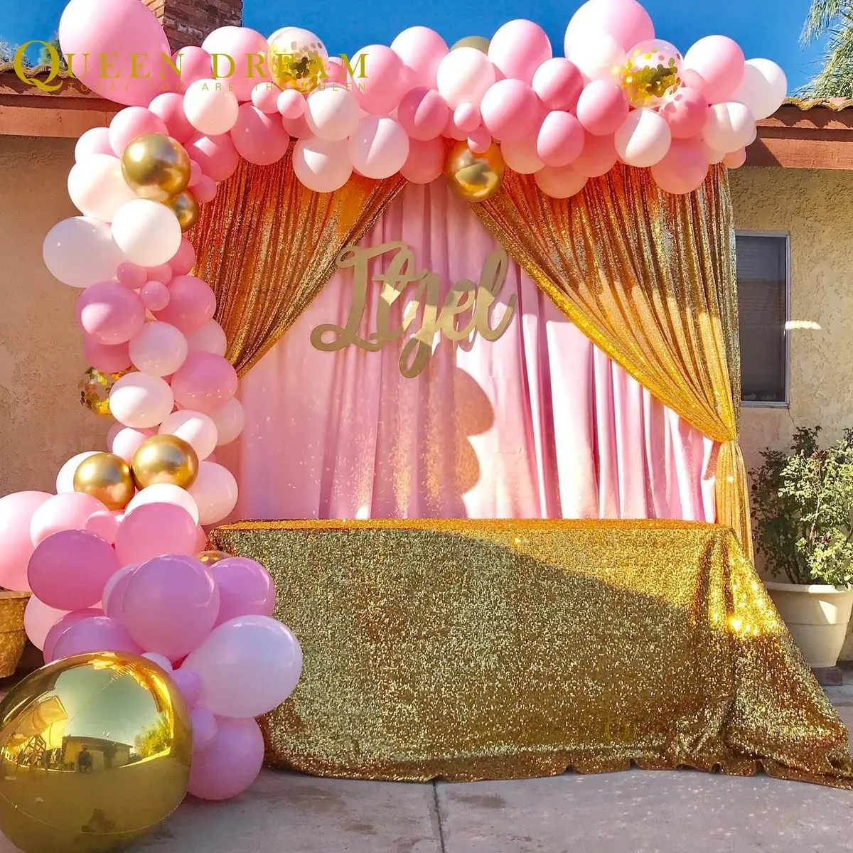QueenDream Gold Sequin Backdrop Drapes 4 Panels 2FTx8FT | Wedding & Party Stage Decor - view 4