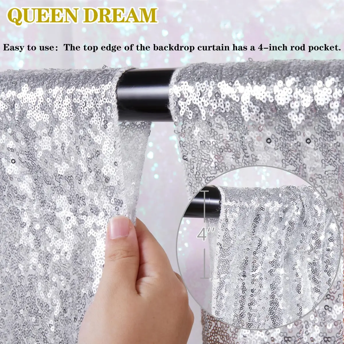 QueenDream Silver Glitter Sequin Curtain for Party Photography Backgrounds | 2FTx8FT Set of 4 Panels - view 5