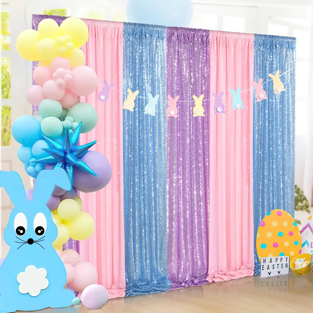 QueenDream Pink Sequin Backdrop 2 Panels 2FTx8FT | Sparkly Birthday Party Curtain with Rod Pocket - view 7