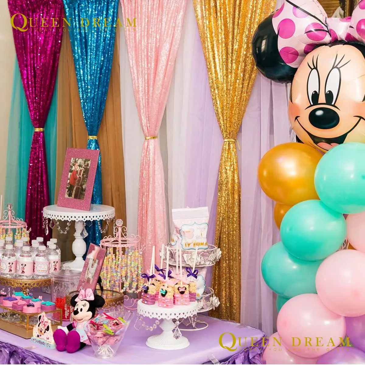 QueenDream Pink Sequin Backdrop 2 Panels 2FTx8FT | Sparkly Birthday Party Curtain with Rod Pocket - view 3