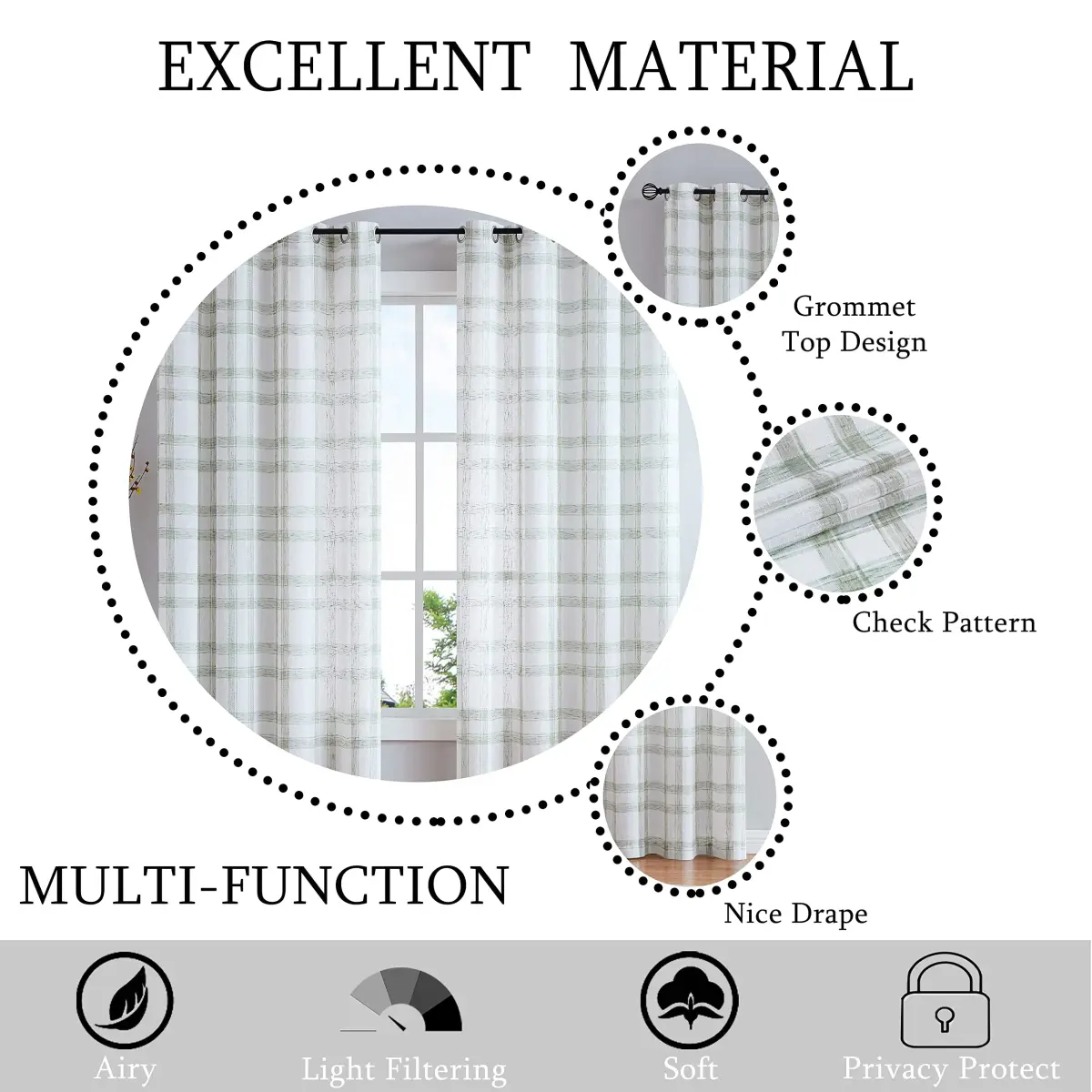 Randall Geometric Sage Green Light Filtering Curtain Panels 160cm (63") | Farmhouse Style - view 9