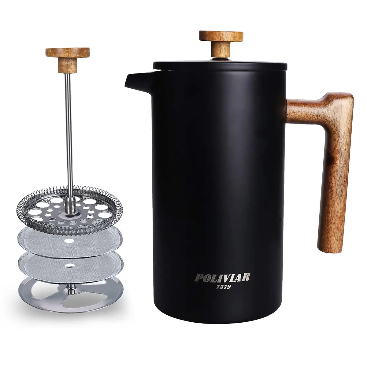 POLIVIAR French Press Coffee Maker 34 oz | Double Wall Insulation & Real Wood Handle - main product image