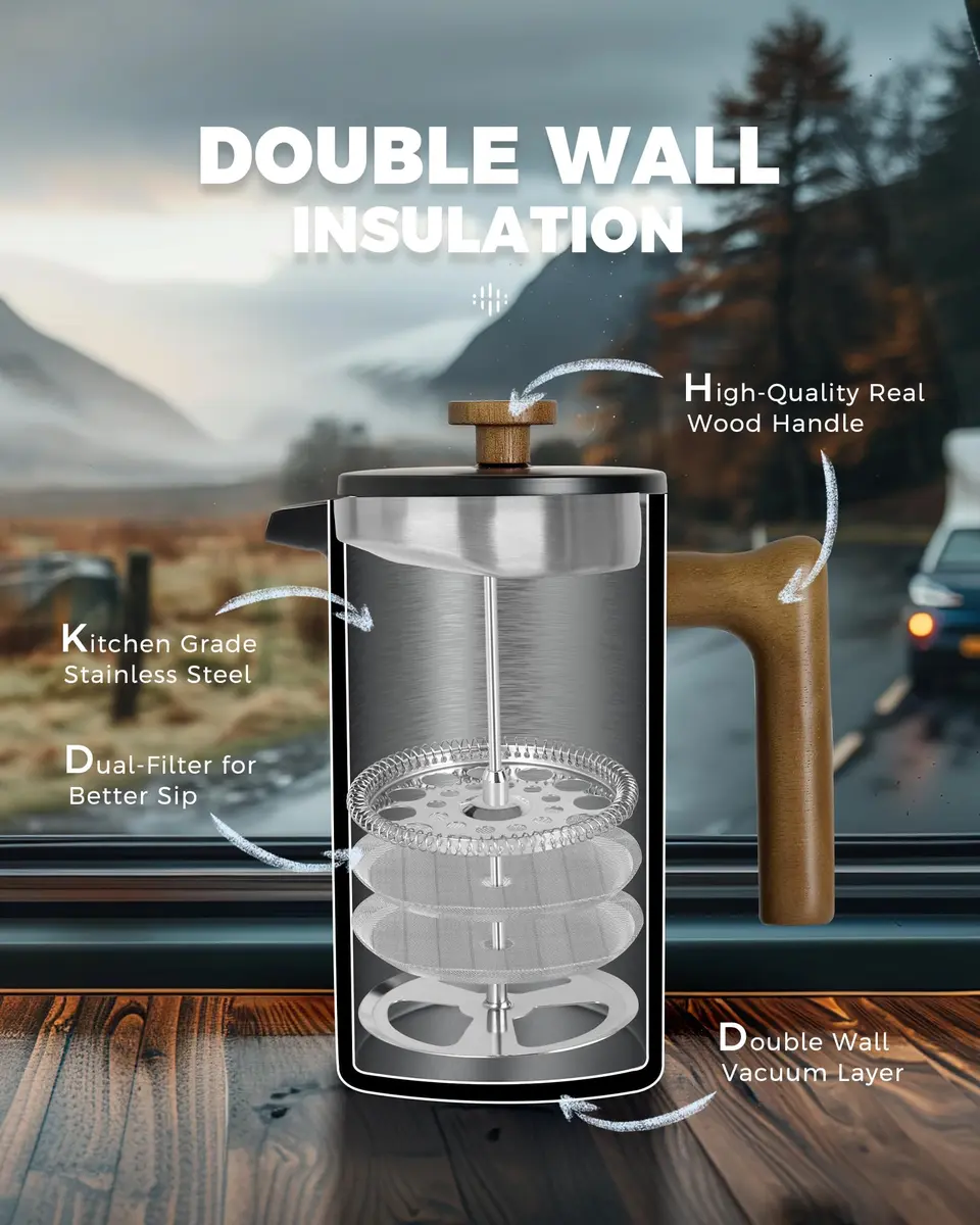 POLIVIAR French Press Coffee Maker 34 oz | Double Wall Insulation & Real Wood Handle - view 5