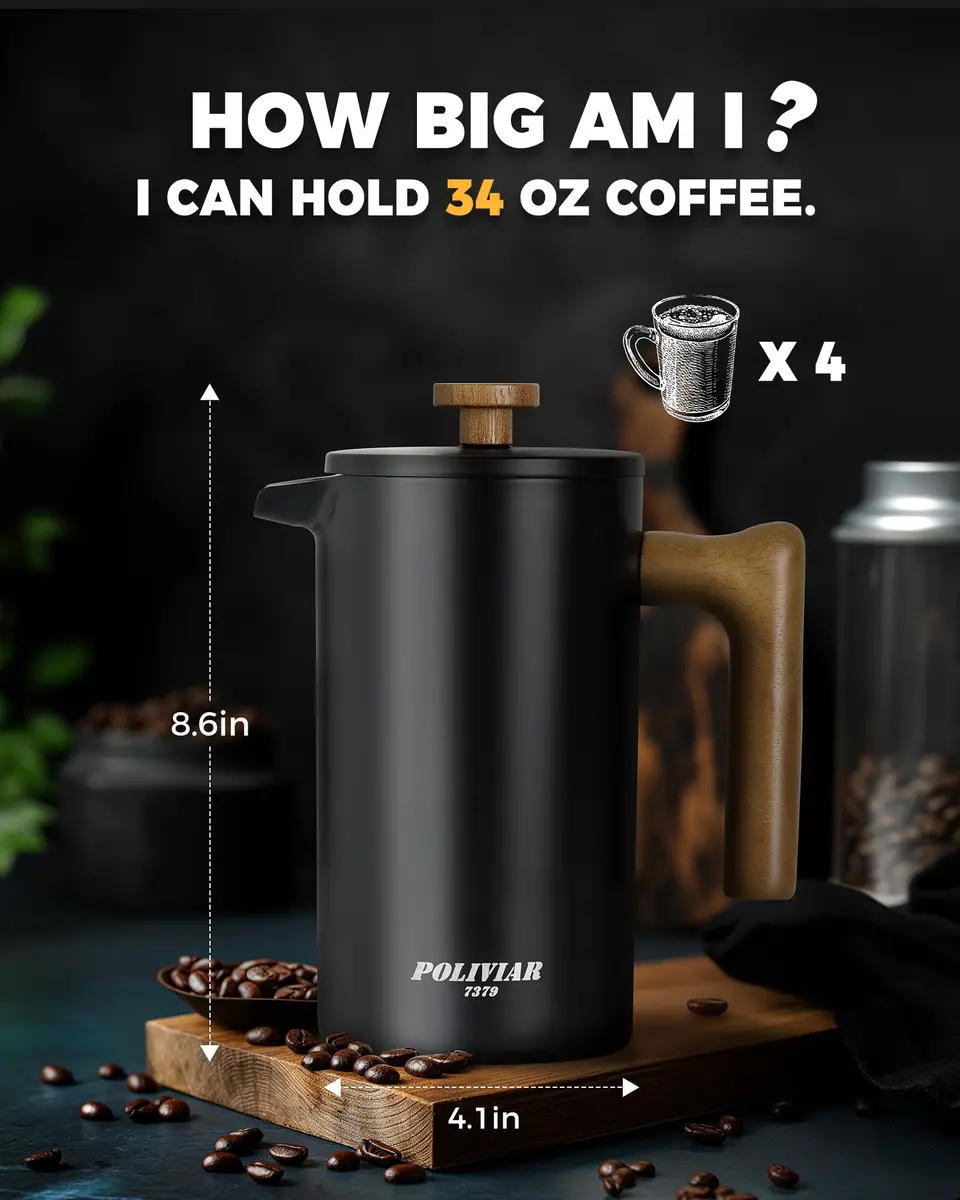 POLIVIAR French Press Coffee Maker 34 oz | Double Wall Insulation & Real Wood Handle - view 7