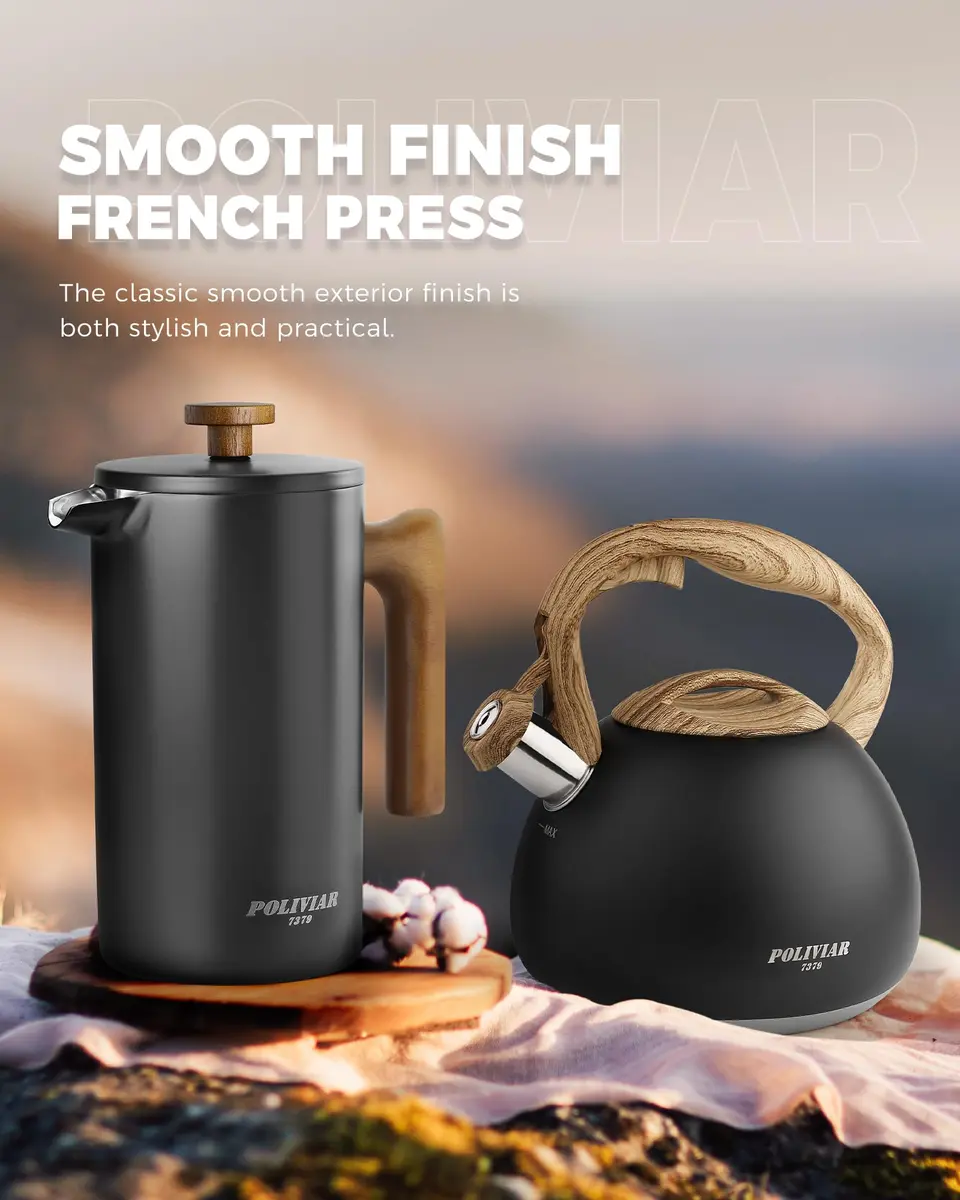 POLIVIAR French Press Coffee Maker 34 oz | Double Wall Insulation & Real Wood Handle - view 2