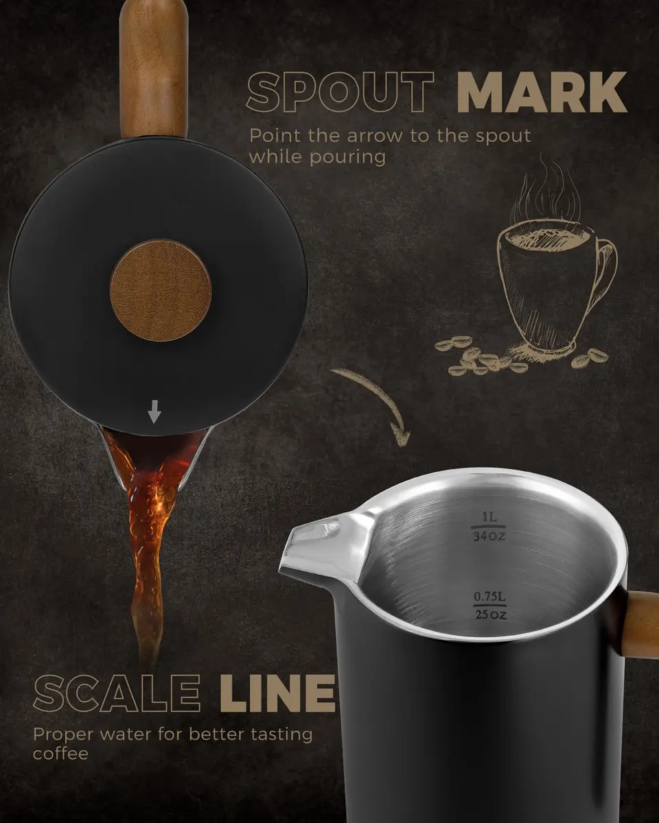 POLIVIAR French Press Coffee Maker 34 oz | Double Wall Insulation & Real Wood Handle - view 4