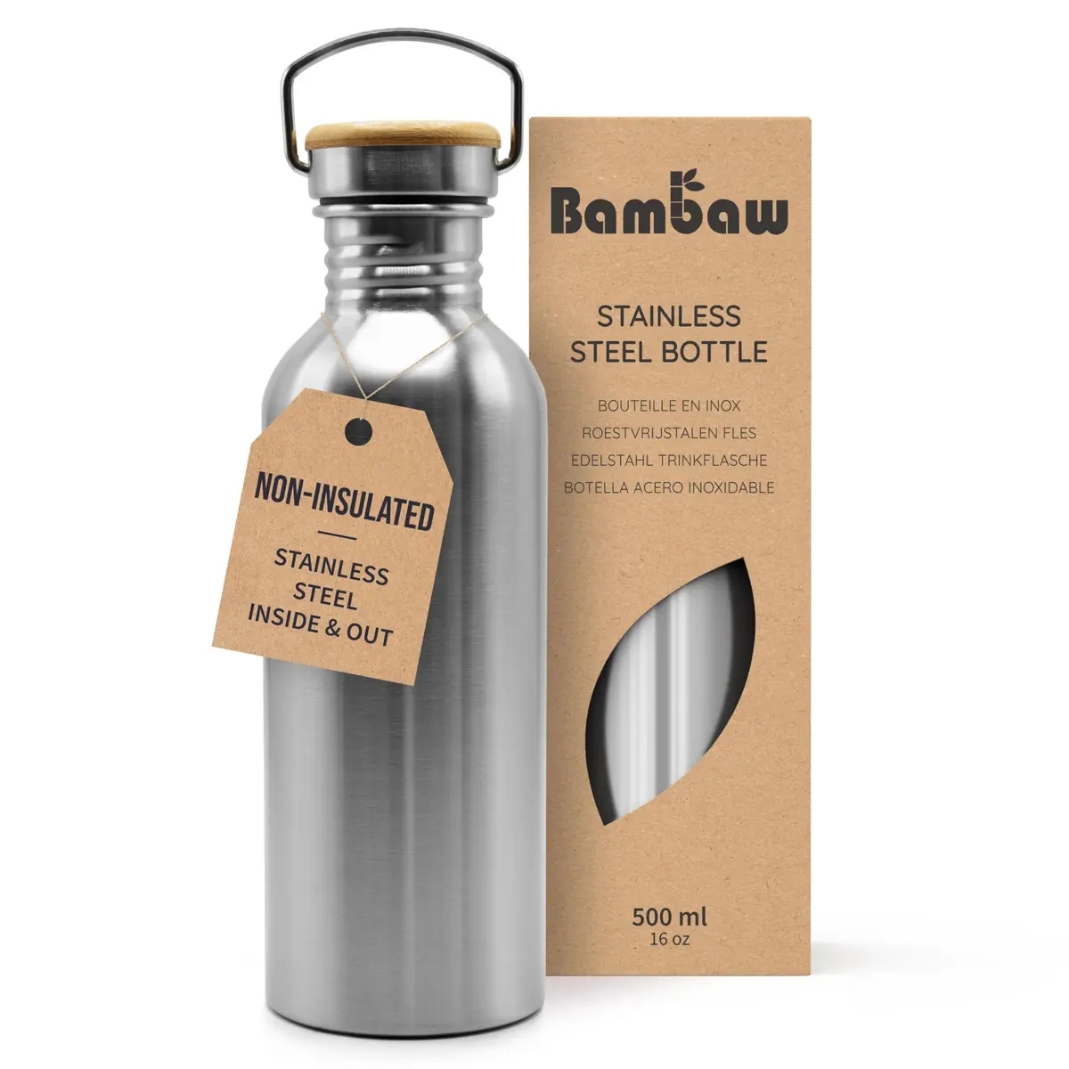 Bambaw Water Bottle 500 ml Eco Non-Insulated Stainless Steel Sports Bottle BPA-Free | Minimalist, Leakproof & Eco-Friendly - main product image