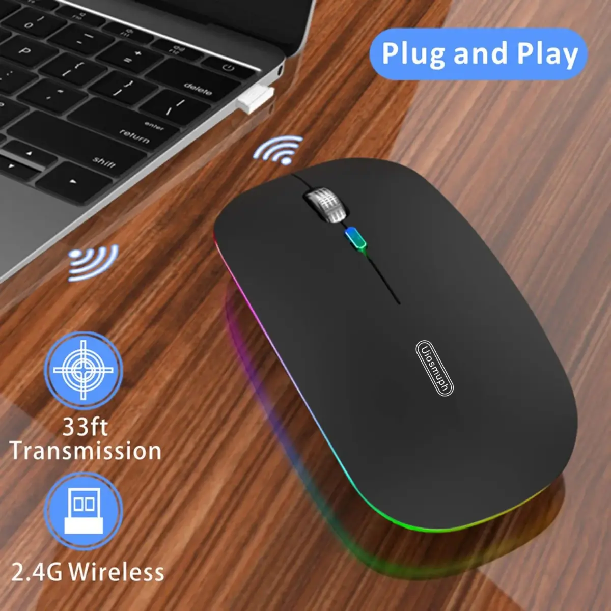 Uiosmuph G12 Wireless Mouse | Rechargeable, Silent, USB-C, 1600 DPI, Matte Black - view 3