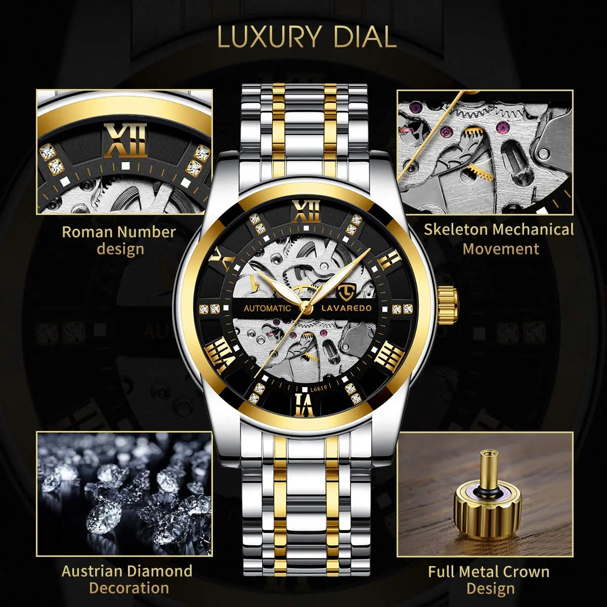 A ALPS Automatic Mechanical Watch for Men | 41mm Stainless Steel Case, Skeleton Dial, 30M Water Resistance - view 2