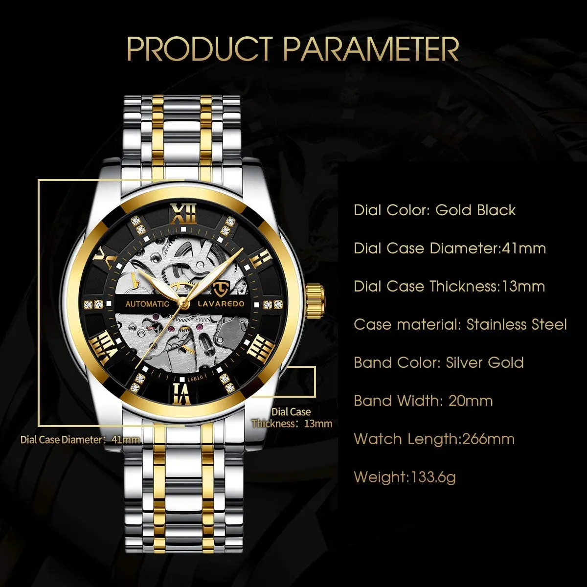 A ALPS Automatic Mechanical Watch for Men | 41mm Stainless Steel Case, Skeleton Dial, 30M Water Resistance - view 3