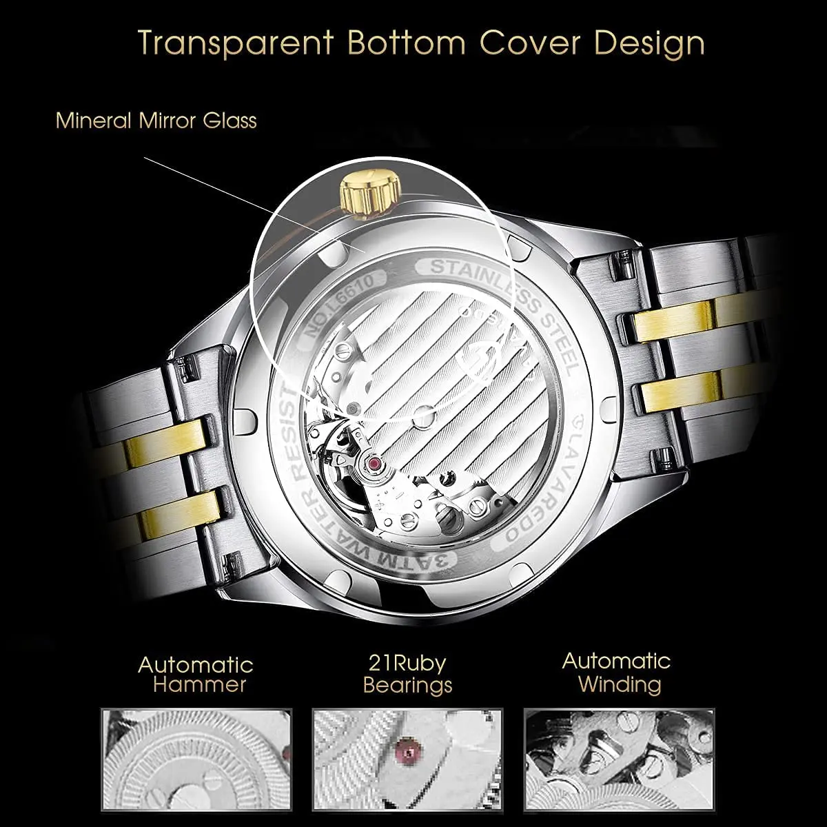 A ALPS Automatic Mechanical Watch for Men | 41mm Stainless Steel Case, Skeleton Dial, 30M Water Resistance - view 4