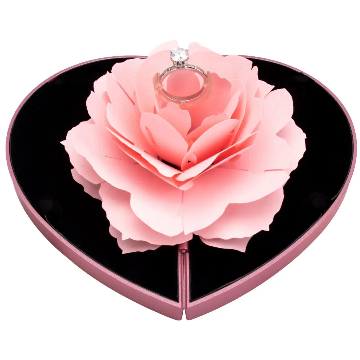 wonuu Engagement Ring Box, Heart Shaped Rose Box with Flannel Lining | Surprise Jewelry Storage Holder for Proposal, Engagement, Wedding Gift (Pink) - main product image