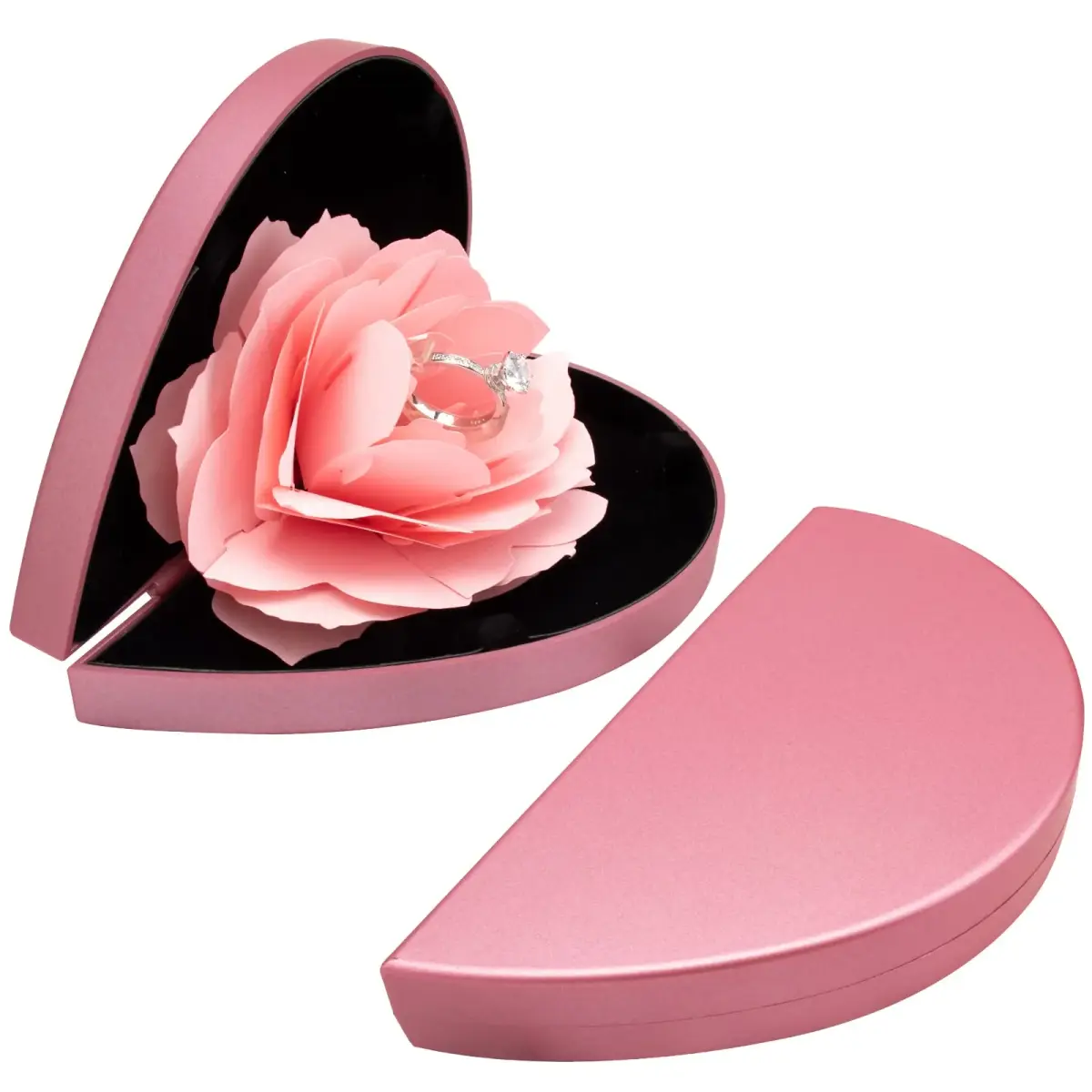 wonuu Engagement Ring Box, Heart Shaped Rose Box with Flannel Lining | Surprise Jewelry Storage Holder for Proposal, Engagement, Wedding Gift (Pink) - view 2